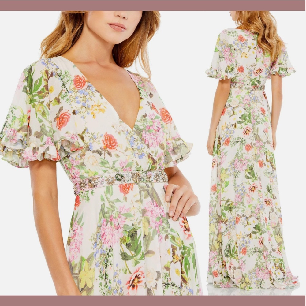 NWT$498 Mac Duggal [ 6‎ ] Floral Faux Wrap Flutter Sleeve A Line Gown Cream